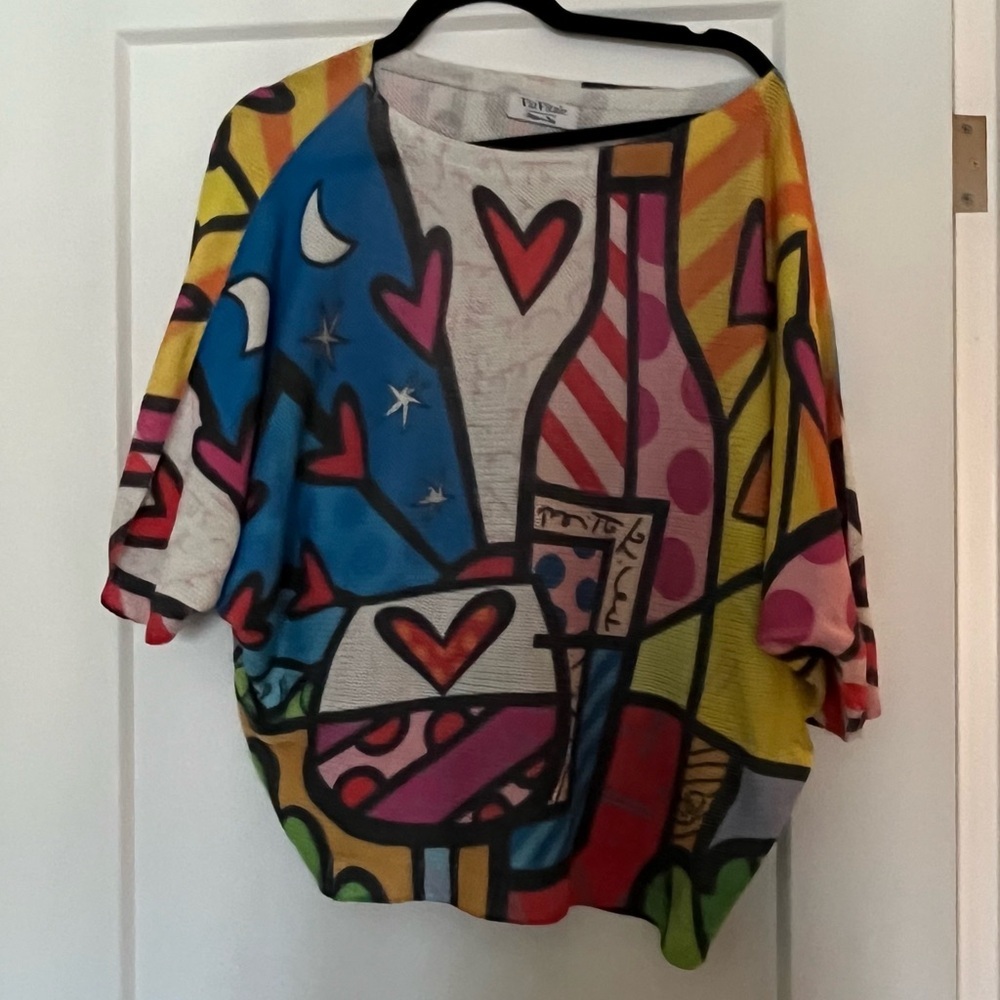 Via Vitale Italy Graphic Pop Art Print Slouchy Open Knit Sweater